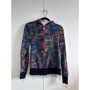 VTG Abbey Dawn Hoodie Juniors Medium Black Multicolor Graffiti Full Zip Y2K